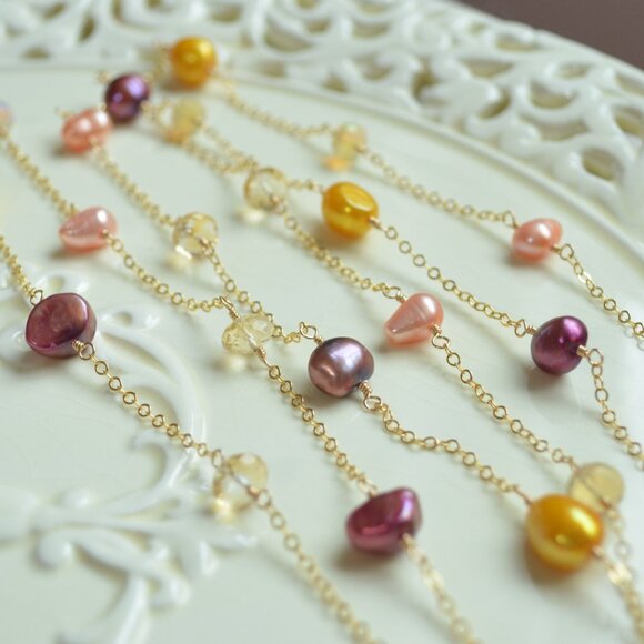 Long Pearl and Gemstone Wrap Necklace in Gold - Picture 7 of 10